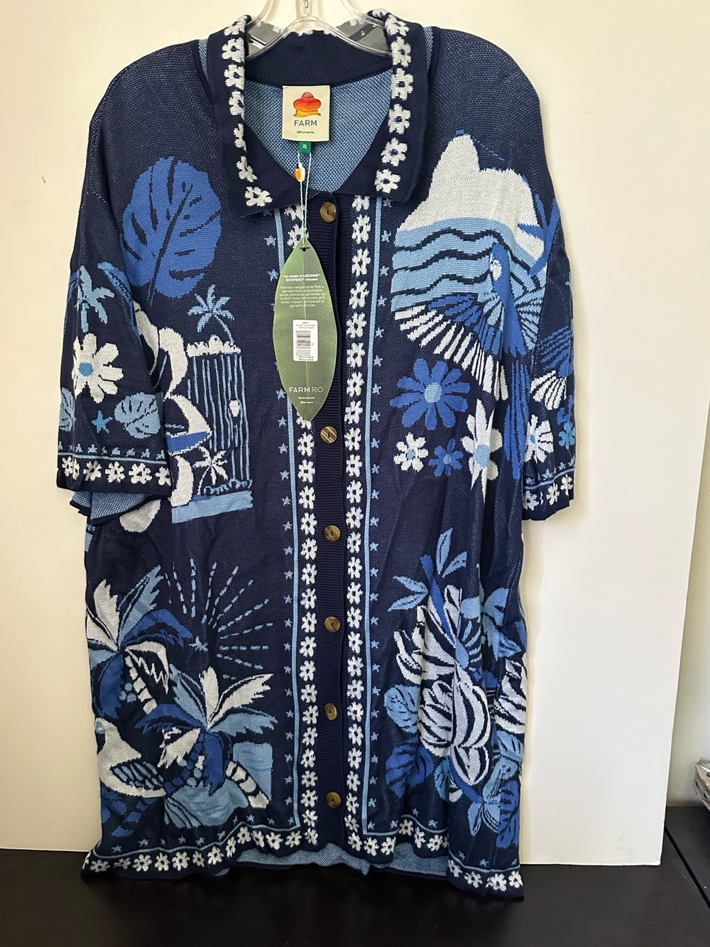 FARM Rio Blue Rio Tiles Intarsia-knitted  Shirt /jacket Button Closure NWT~XL